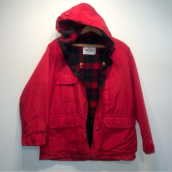 Vintage Woolrich Wool with Plaid Lining Hooded Parka Chore Jacket Coat Red M - Picture 4 of 12